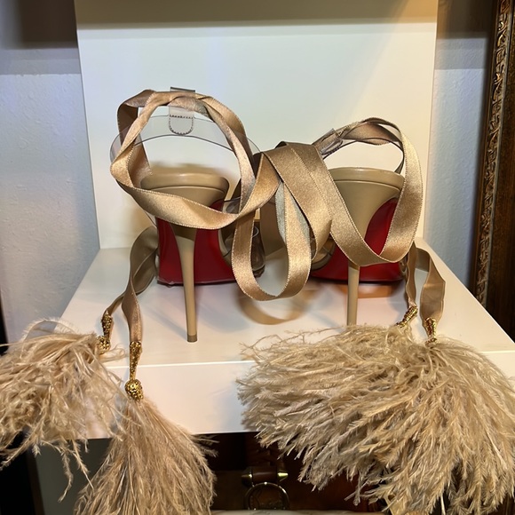 Louboutin Marie Edwina 100 Nude stilettos ribbon ostrich feathers pvc naked  1 - Picture 4 of 14